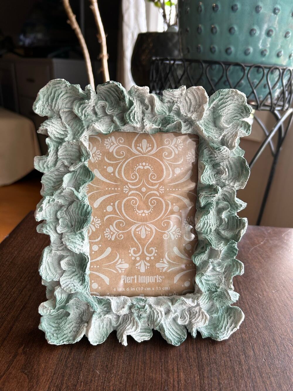 Vintage-style pier one scalloped-edge resin photo frame sage green floral